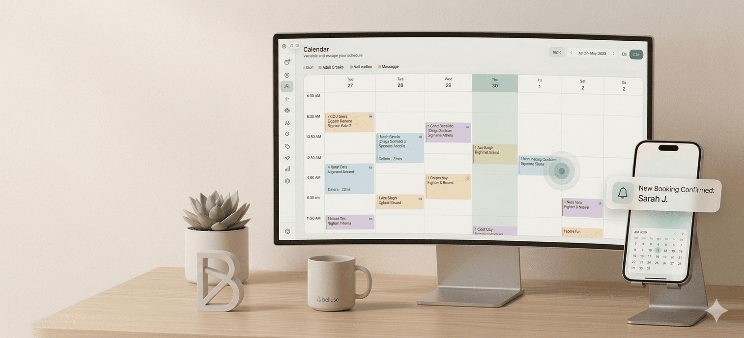 Belluse — calendar dashboard on monitor with phone notification